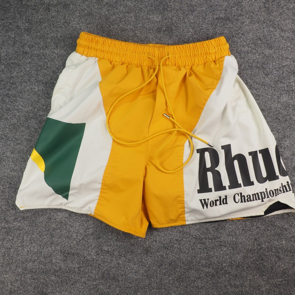 Rhude‎ World Championship Team Shorts Mens Medium Yellow White Colorblock USA